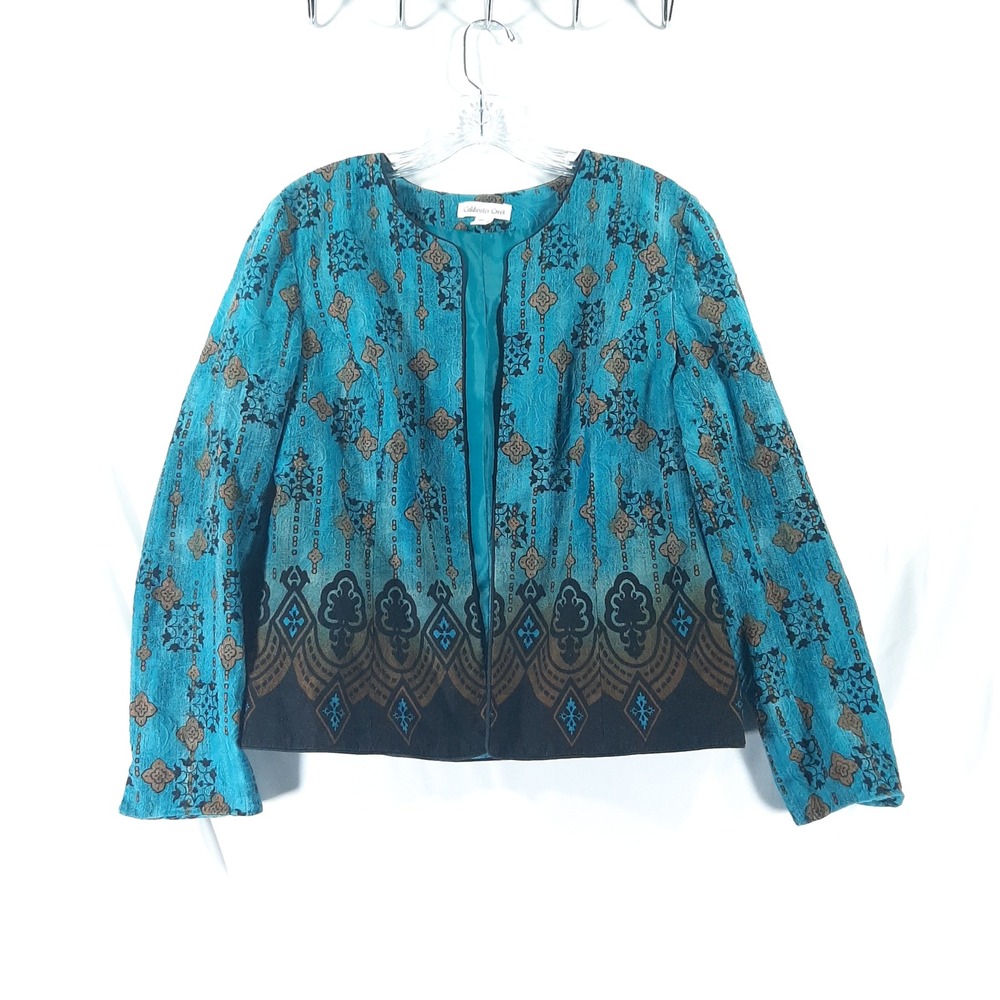 Coldwater Creek Teal Blue Damask Print Open Front Jacket Size 14 Cotton Lining